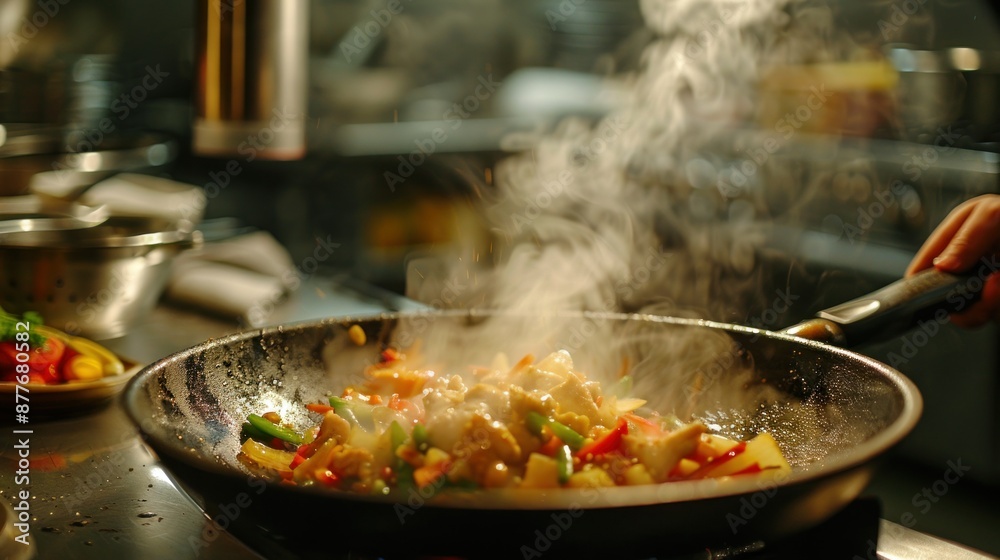 Chef cooking delicious stir fry in a hot pan with steam rising Chef cooking delicious stir fry in a hot pan with steam rising