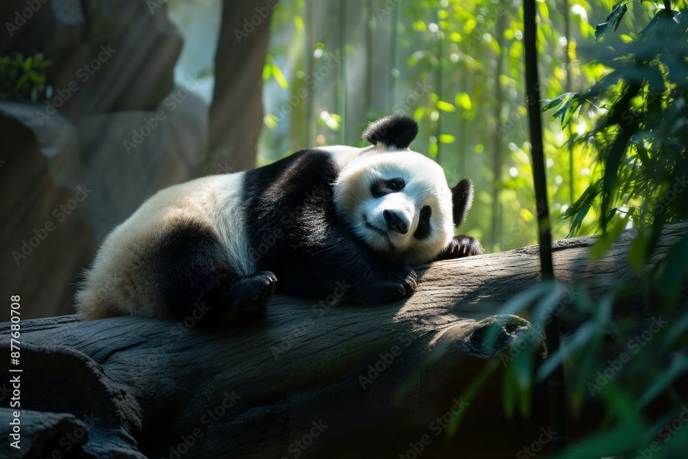 Fototapeta premium Peaceful giant panda lounges on a log in a tranquil forest setting, basking in a beam of sunlight
