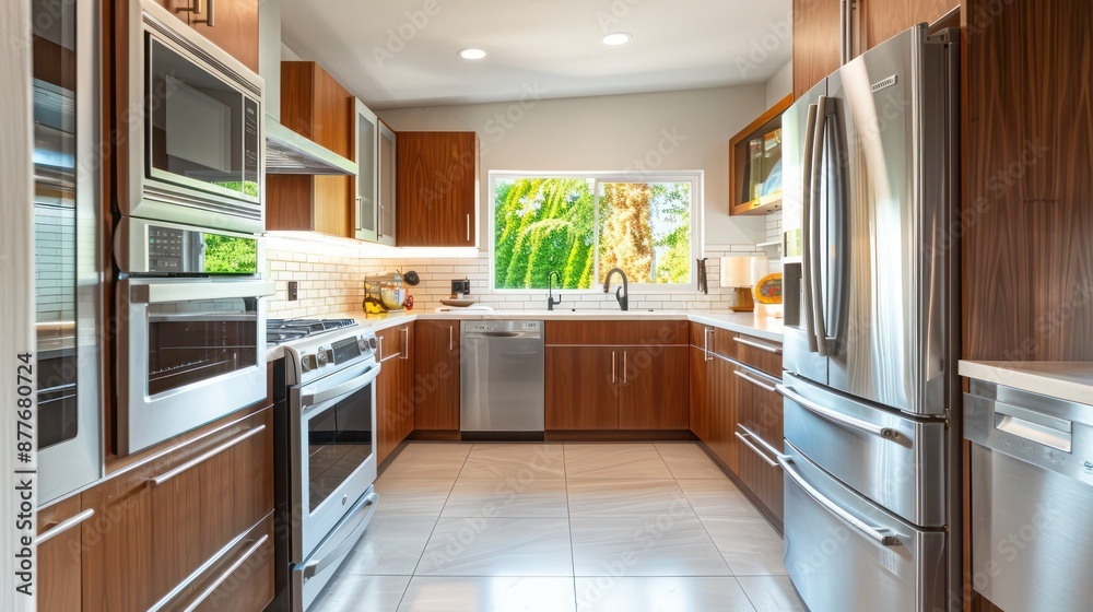 Suburban mid-century modern home's kitchen with restored vintage cabinets and modern appliances for a perfect blend of old and new Suburban mid-century modern home's kitchen with restored vintage cabinets and modern appliances for a perfect blend of old and new