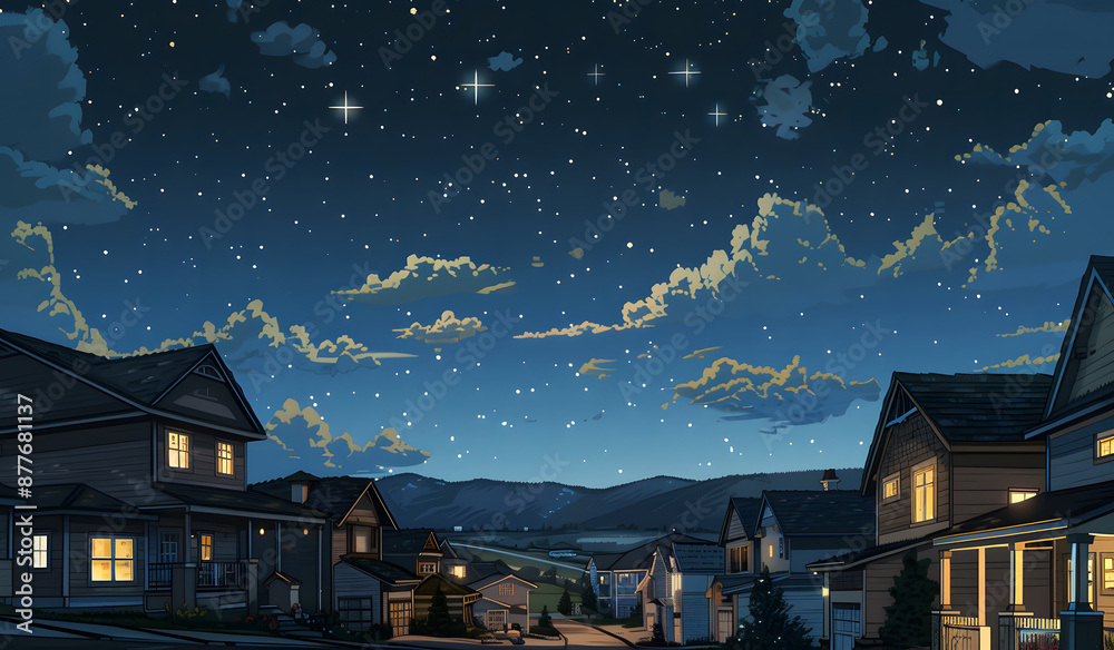 A row of classic family house facades at night. Suburban neighborhood. Residential building with illuminated windows design A row of classic family house facades at night. Suburban neighborhood. Residential building with illuminated windows design