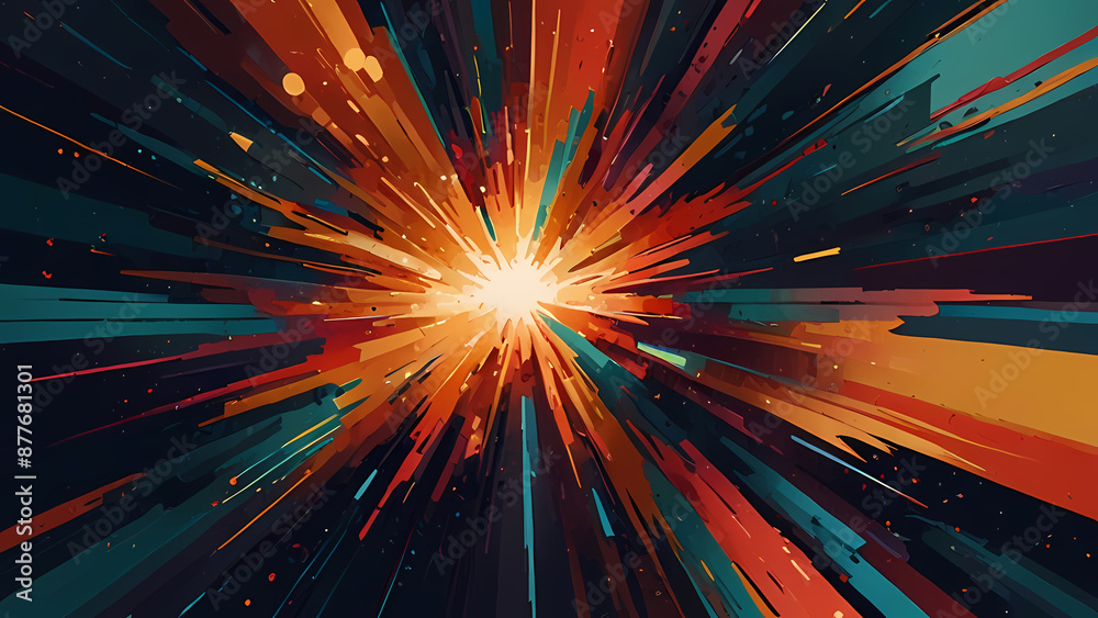 abstract background that illustrates the aftermath of an explosion, with shards of light and fragments radiating outward from a central point, using a mix of warm and cool tones