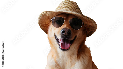 Happy smile Puppy dog wear sunglasses with summer season costume isolated on white background, pets summer, lovely dog, holiday vacation.