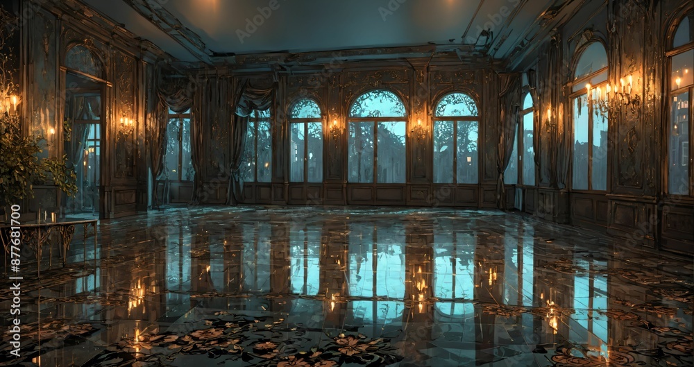 Fototapeta premium palace interior of room floral embellishments ballroom and windows at night. elegant mansion gothic baroque castle decor and victorian style. candles and chandelier lighting.