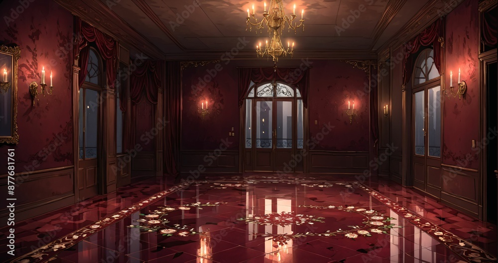palace interior of room red ballroom and windows at night. elegant mansion gothic baroque castle decor and victorian style. candles and chandelier lighting. palace interior of room red ballroom and windows at night. elegant mansion gothic baroque castle decor and victorian style. candles and chandelier lighting.