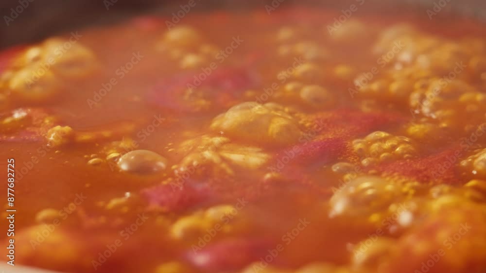 Chicken in tomato sauce is boiling on a frying pan with spices. Cooking tomato sauce curry with chicken fillet. Traditional Italian Mexican Asian dish. High quality studio shot for cafe, restaurant