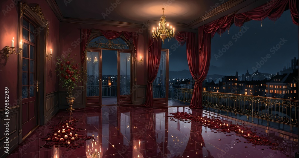 Obraz premium patio terrace balcony of mansion palace castle with city cityscape view at night. chandelier, candles, and flowers with floral embellishments and ornamental decor.