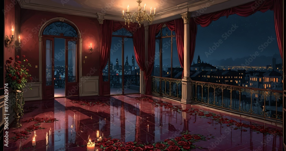 patio terrace balcony of mansion palace castle with city cityscape view at night. chandelier, candles, and flowers with floral embellishments and ornamental decor. patio terrace balcony of mansion palace castle with city cityscape view at night. chandelier, candles, and flowers with floral embellishments and ornamental decor.