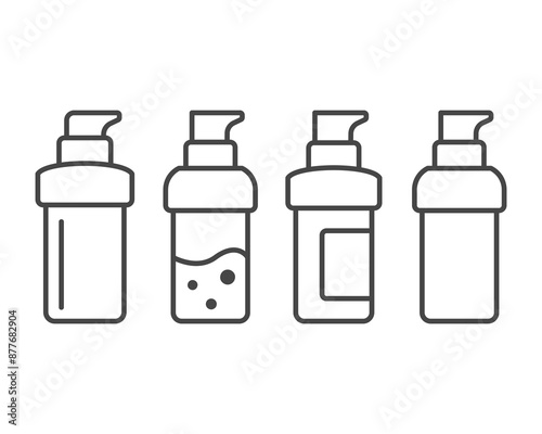Collection vector icons of beauty, cosmetics and care. Bottle, jar, shower gel, face cream, body lotion, spray, ointment, paste.