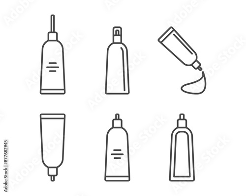Collection vector icons of beauty, cosmetics and care. Bottle, jar, shower gel, face cream, body lotion, spray, ointment, paste.