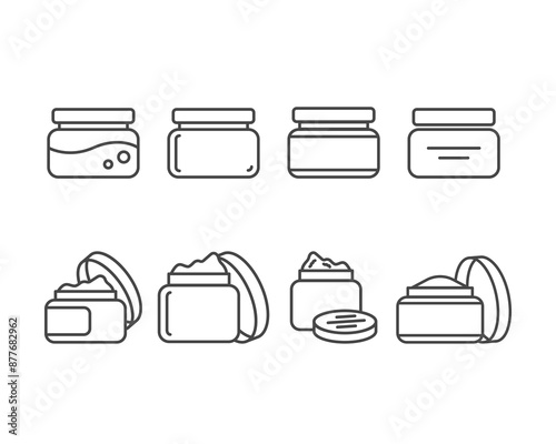 Collection vector icons of beauty, cosmetics and care. Bottle, jar, shower gel, face cream, body lotion, spray, ointment, paste.
