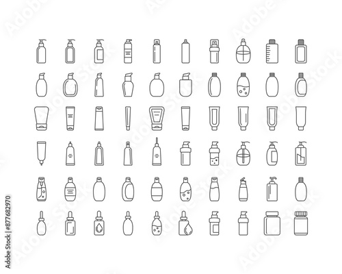 Collection vector icons of beauty, cosmetics and care. Bottle, jar, shower gel, face cream, body lotion, spray, ointment, paste.