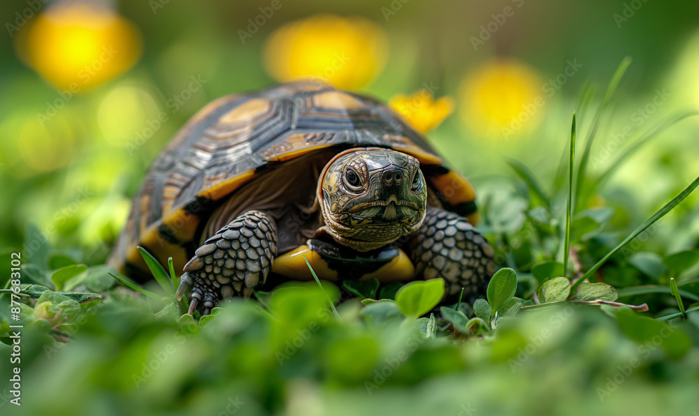 Adorable Little Turtle Crawling through the Garden Grass Adorable Little Turtle Crawling through the Garden Grass
