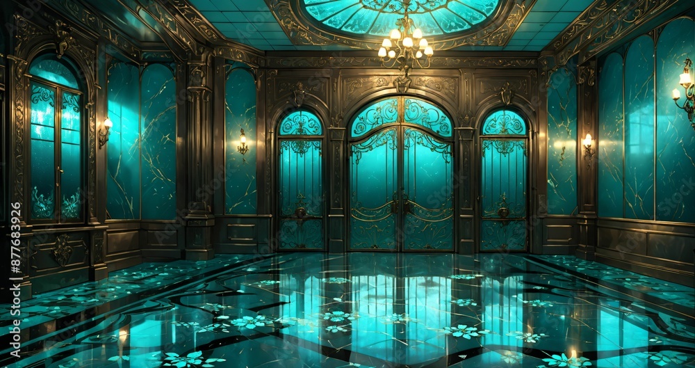 Obraz premium interior of palace room hall mansion mosque museum castle. turquoise blue green and gold gothic baroque design and decor with floral embellishments and ornaments. luxury house.