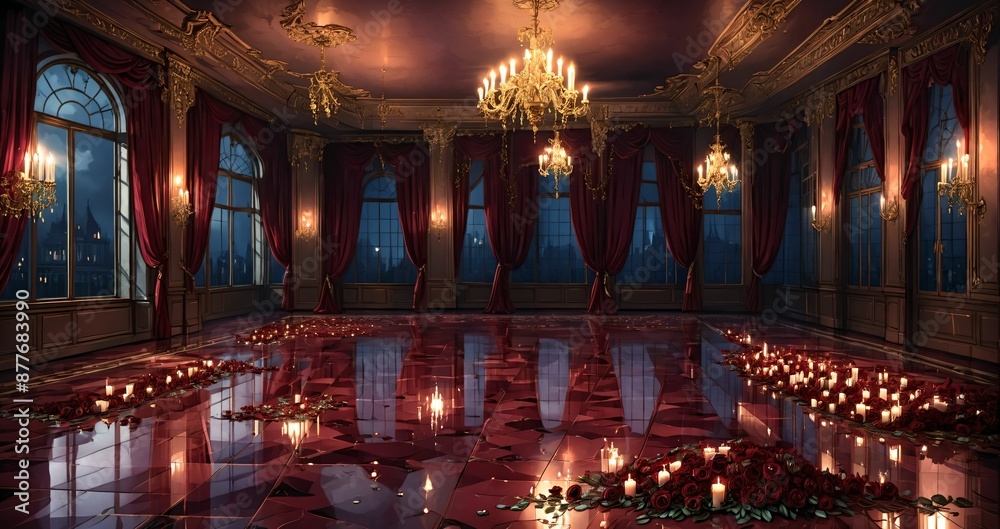 Fototapeta premium red room ballroom palace mansion interior of castle with candles, flowers, and windows. reflective stone polished floors and floral embellishments with gothic style decor. 