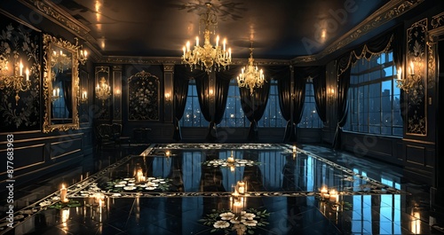 dark black ballroom room interior of gothic palace castle mansion with floral embellishments and filigree ornamental decor at night. hallway with door to balcony city view and candles chandelier.