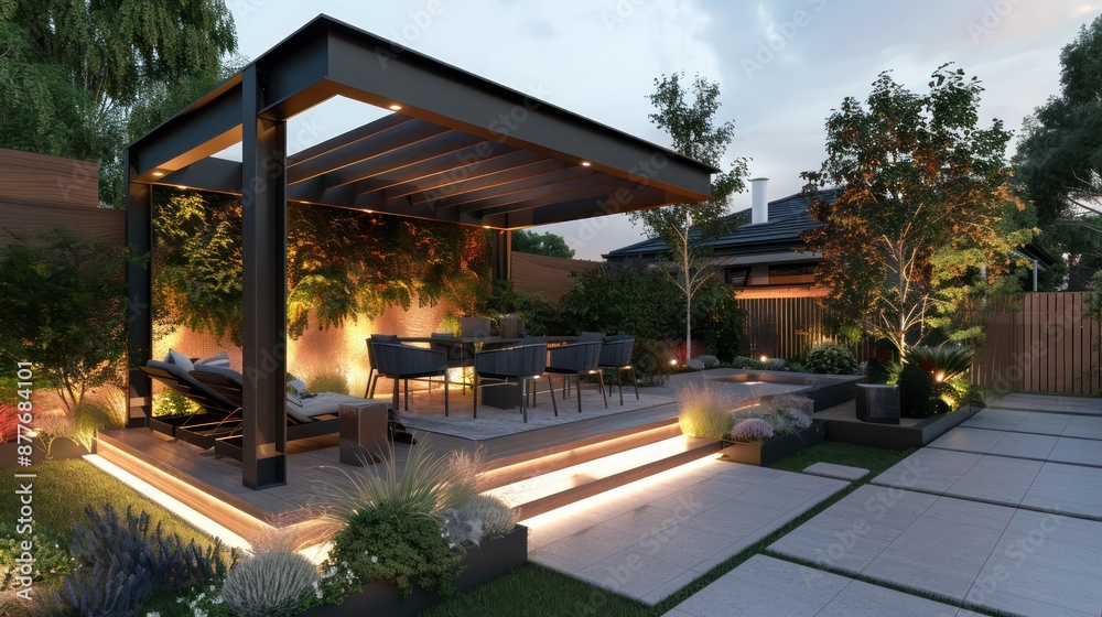 custom made wallpaper toronto digitalContemporary suburban backyard with an architectural pergola, modern landscaping, and integrated lighting