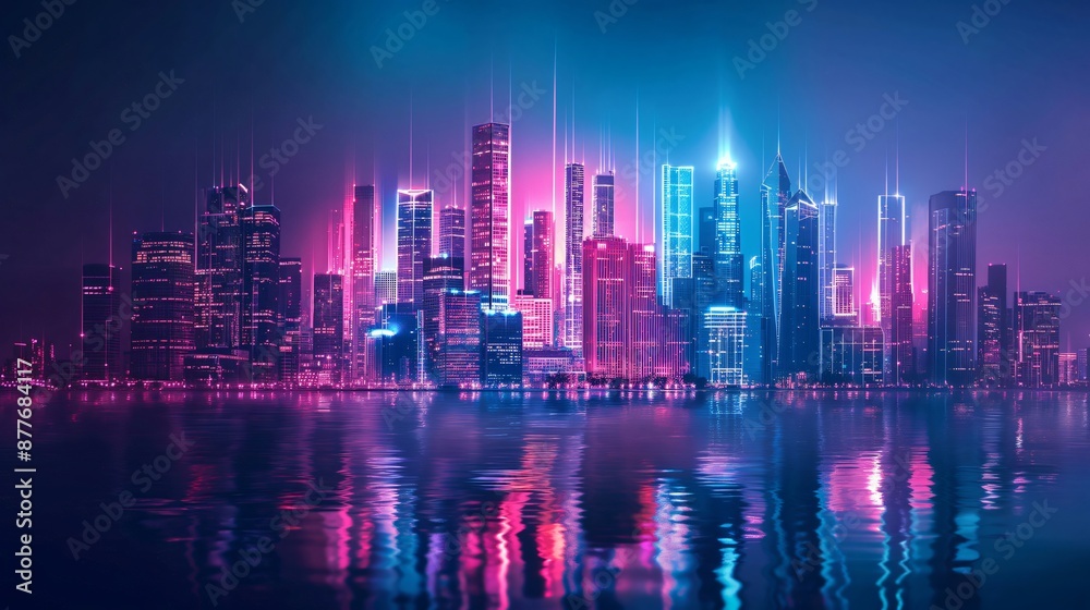 Fototapeta premium Futuristic cyberpunk cityscape reflecting on water at night