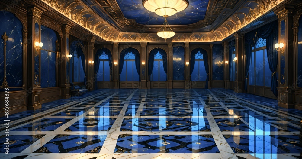 Obraz premium castle palace ballroom room interior in cobalt blue and gold. royal design and decor with embellishments and gothic style. luxurious mansion.