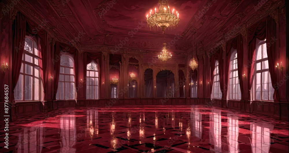 Obraz premium blood red ballroom in palace mansion interior. burning candles in gothic styled castle room hall. fine elegant decor.