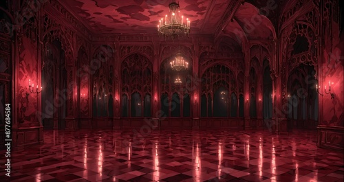 blood red ballroom in palace mansion interior. burning candles in gothic styled castle room hall. fine elegant decor.