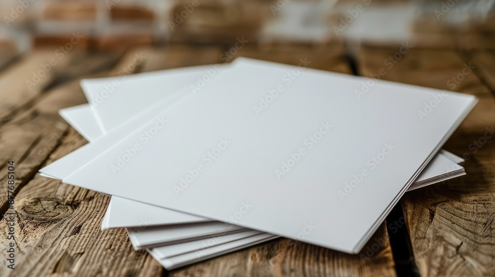 Fototapeta premium A stack of white paper. The paper is on a wooden table