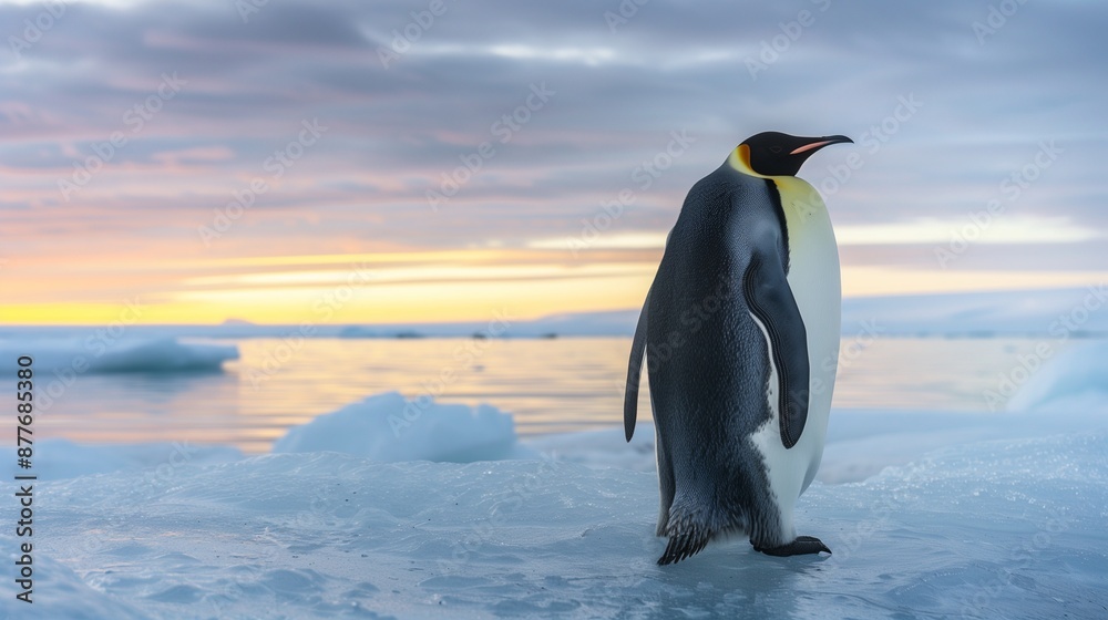 Obraz premium A lone King penguin standing majestically on an ice floe, with the endless, frozen horizon stretching out behind it, under a sky painted with the soft hues of a polar sunrise.
