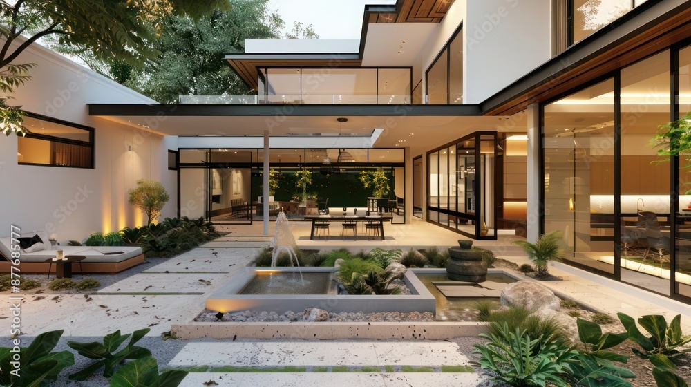 Fototapeta premium Contemporary suburban home with a central courtyard featuring a modern fountain and space for outdoor dining