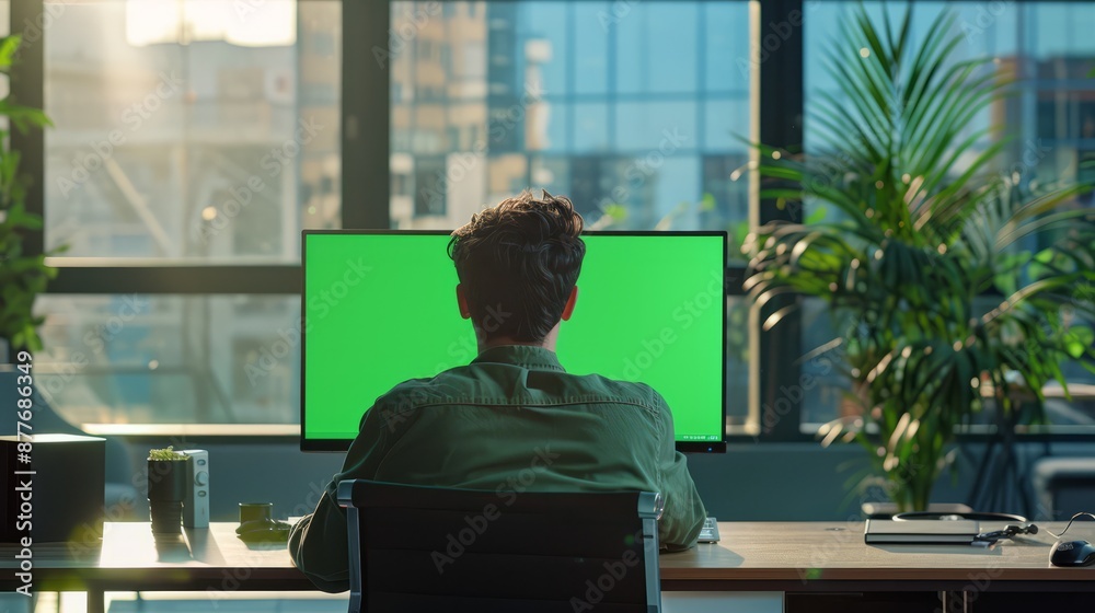 A medium shot of a person sitting at a desk working on a computer, seen from behind with the person blurred, in a modern office setup, the computer screen displaying a bright green color A medium shot of a person sitting at a desk working on a computer, seen from behind with the person blurred, in a modern office setup, the computer screen displaying a bright green color