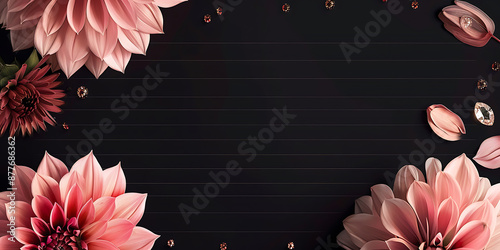 Pink flowers and sparkling gems on black background, elegant floral design for wedding invitations or romantic projects. 
