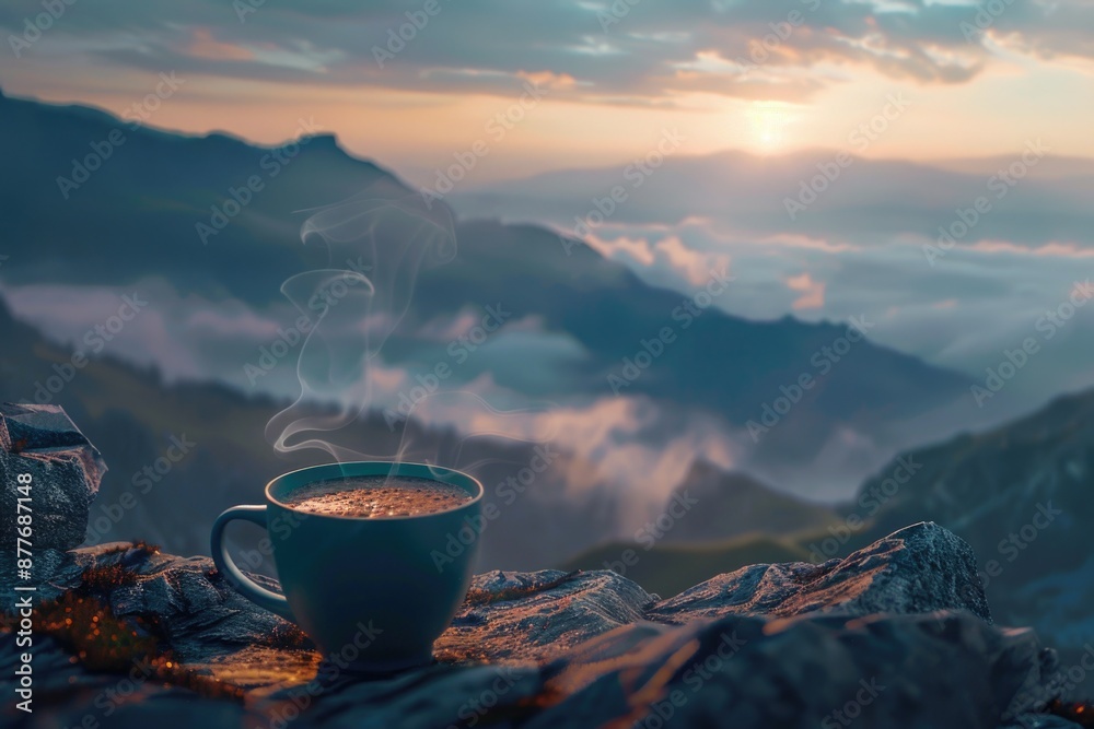 A cup of coffee sits atop a mountain, surrounded by natural scenery A cup of coffee sits atop a mountain, surrounded by natural scenery