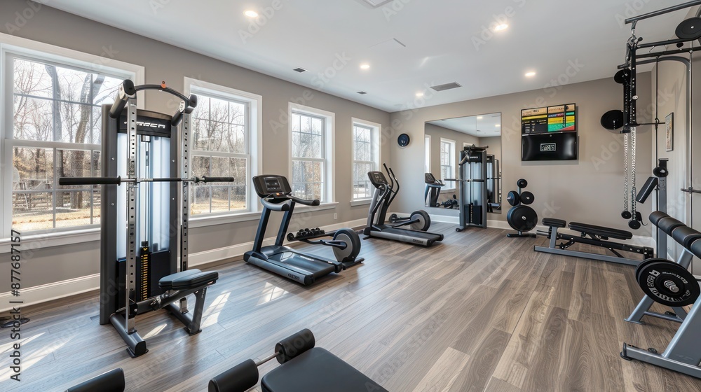Contemporary suburban home with a state-of-the-art fitness center that includes virtual trainers and interactive workout equipment Contemporary suburban home with a state-of-the-art fitness center that includes virtual trainers and interactive workout equipment