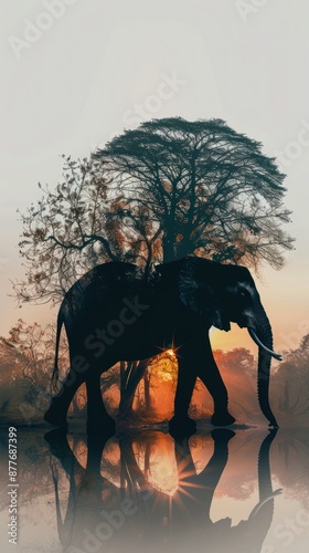 Majestic Elephant Strolls Through the Savannah at Sunset photo