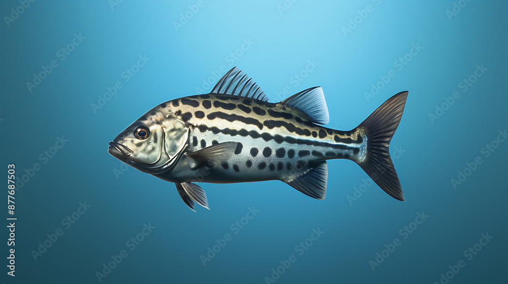 Fototapeta premium A realistic, black and white spotted fish against a blue background, perfect for marine life, aquatic, and ocean themes. 