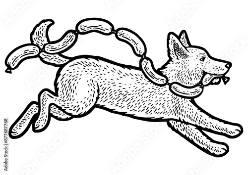 Running dog with stolen sausages sketch engraving PNG illustration. T-shirt apparel print design. Scratch board imitation. Black and white hand drawn image. photo