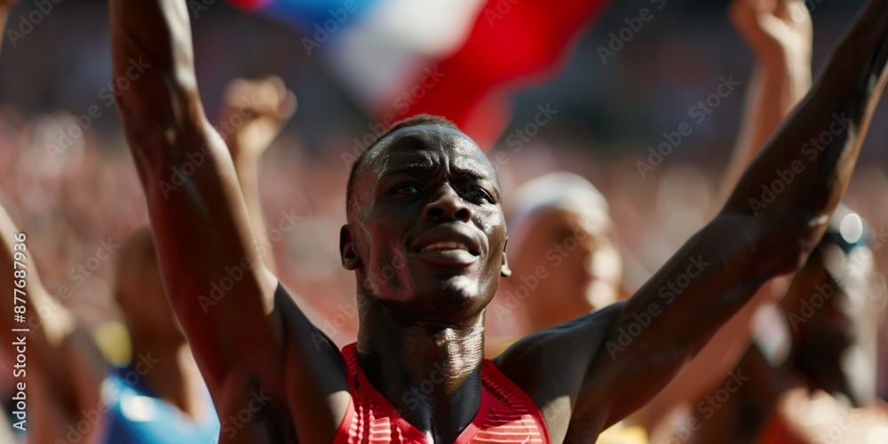 African man in running suit celebrating with arms raised in victory victory African man in running suit celebrating with arms raised in victory victory