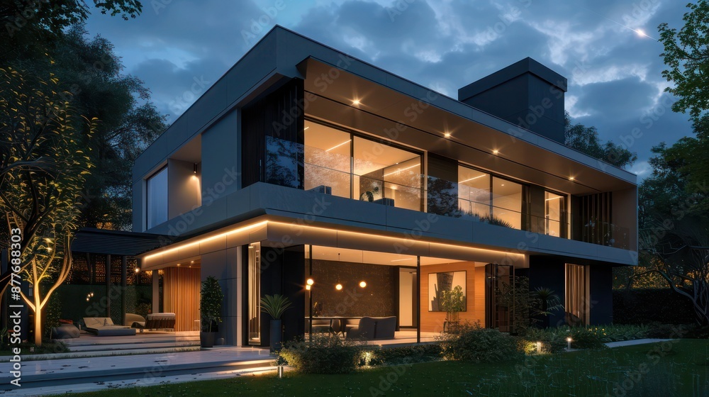 Contemporary suburban home with a smart lighting system that adjusts based on the natural light and the mood settings Contemporary suburban home with a smart lighting system that adjusts based on the natural light and the mood settings