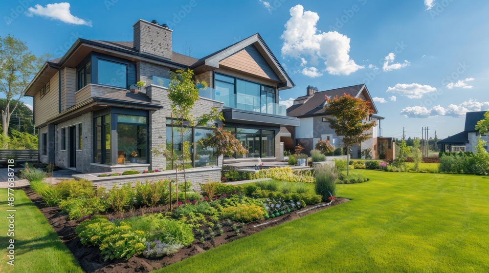 Contemporary suburban home with a smart irrigation system that includes soil moisture sensors and automatic scheduling based on weather forecasts Contemporary suburban home with a smart irrigation system that includes soil moisture sensors and automatic scheduling based on weather forecasts