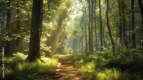 tranquil forest path with sunlight streaming through trees