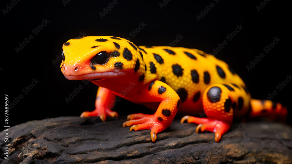 Fototapeta premium A vibrant yellow, red, and black leopard gecko on a dark wood background, showcasing the beauty of nature and exotic pets. 