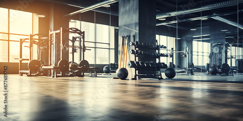 Modern gym interior with black weights and equipment, a perfect backdrop for fitness and health advertising. 
