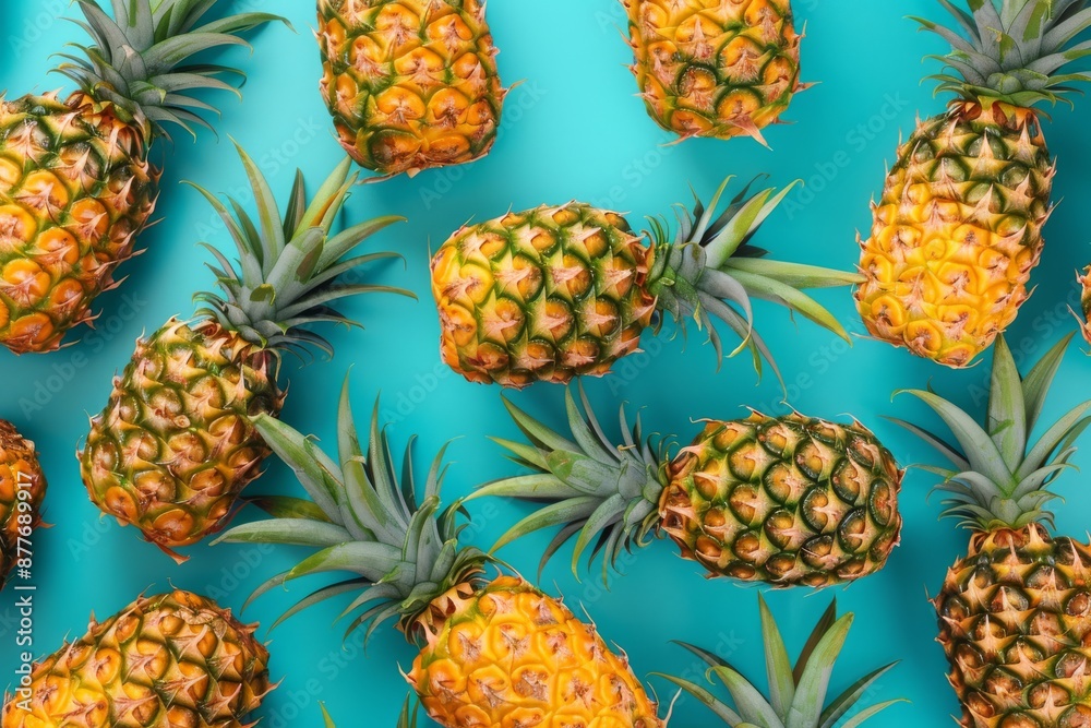 A lively and colorful pattern of pineapples on a bright blue background, ideal for summer and tropical themes A lively and colorful pattern of pineapples on a bright blue background, ideal for summer and tropical themes