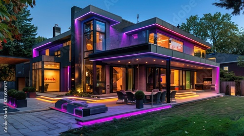 Contemporary suburban home with an interactive outdoor LED lighting system that responds to music played in the backyard