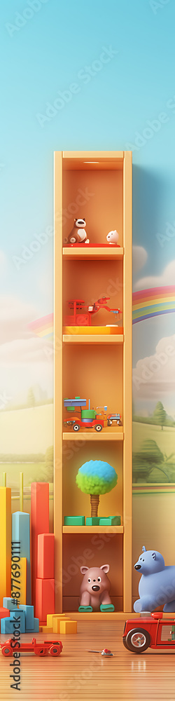 Fototapeta premium A cheerful 3D illustration of a wooden bookshelf filled with colorful toys, perfect for a child's room design.