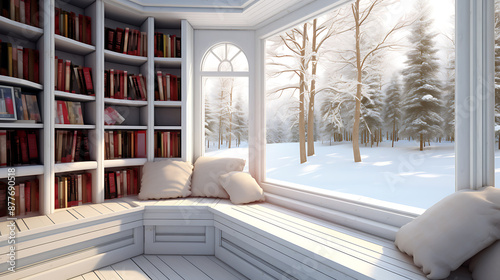 Cozy white window seat with bookshelves and pillows overlooking a snowy winter forest. 
