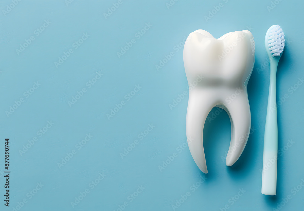 Tooth model with a dental brush, including a mirror and probes on a blue background. Dental care and regular check-ups with dentist concept design Tooth model with a dental brush, including a mirror and probes on a blue background. Dental care and regular check-ups with dentist concept design