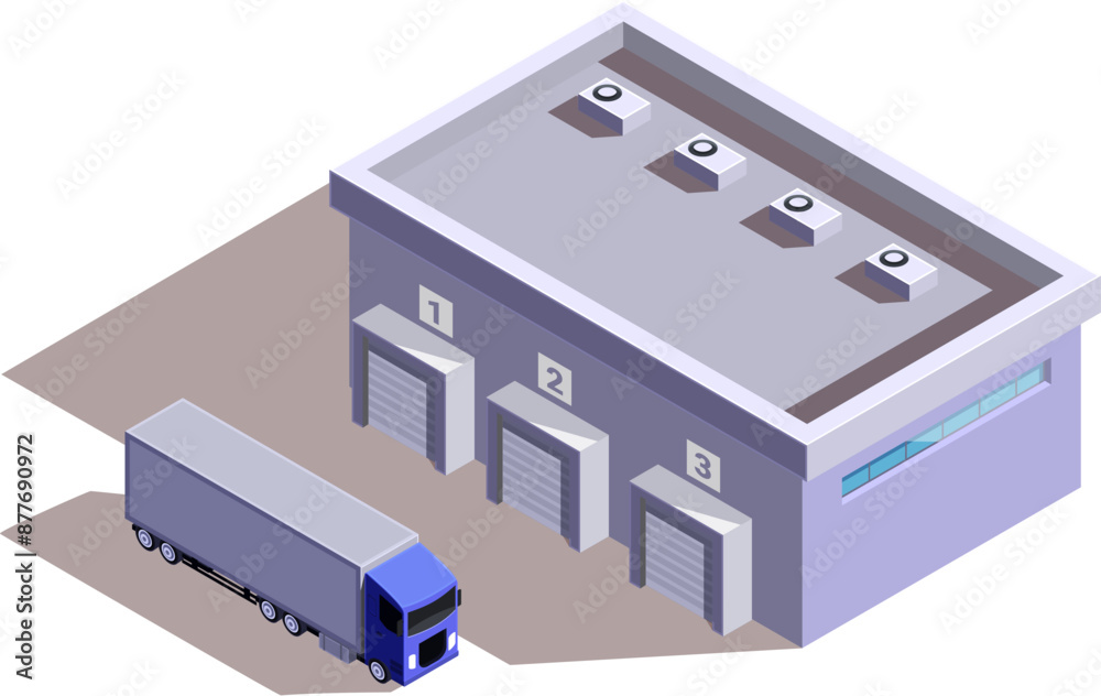 isometric truck near warehouse building, vector illustration isometric truck near warehouse building, vector illustration