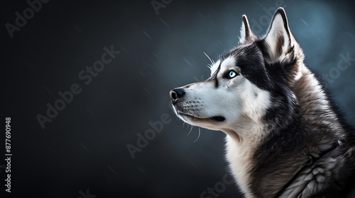 A dramatic black and white husky with piercing blue eyes stares into the distance, conveying a sense of power and loyalty. 
