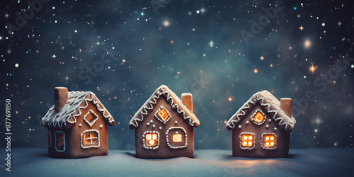 Three gingerbread houses with warm lights, brown and white against a blue starry night, perfect for Christmas cards and winter holiday designs. 
