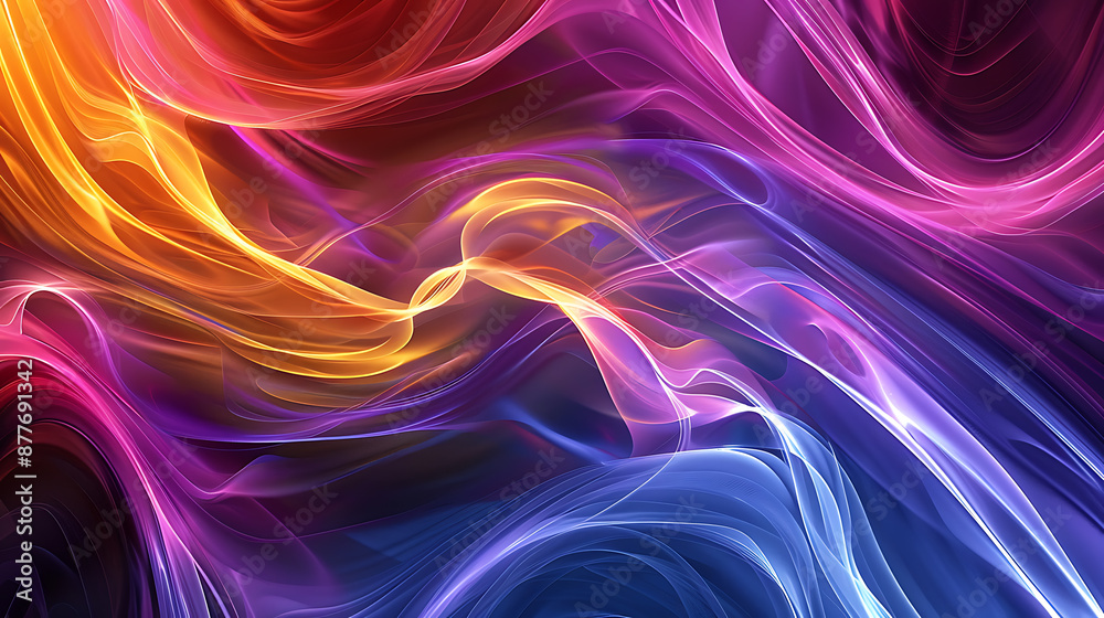Obraz premium Abstract colorful flowing lines, purple and orange, create a dynamic and vibrant background for modern design projects. 