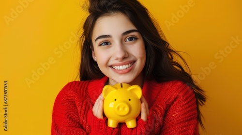 Woman with Yellow Piggybank